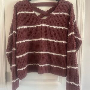 Moral Fiber Criss-Cross V-Neck Striped Sweater - Burgundy & White